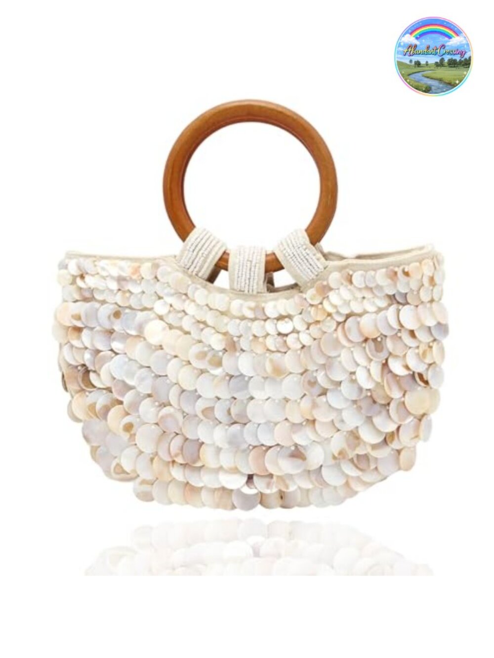 Handmade Seashell Beaded Clutch Beach Purse Wooden Handle